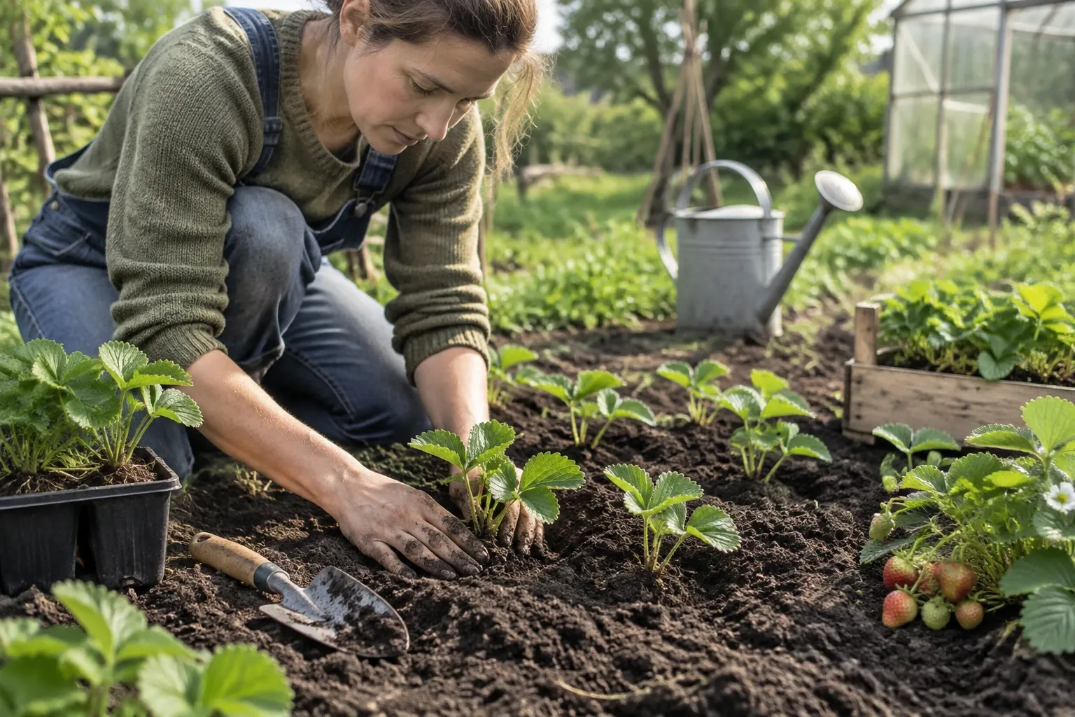 Vrouw die aardbeiplantjes in vruchtbare tuinbodem plant, gieter en schep zichtbaar