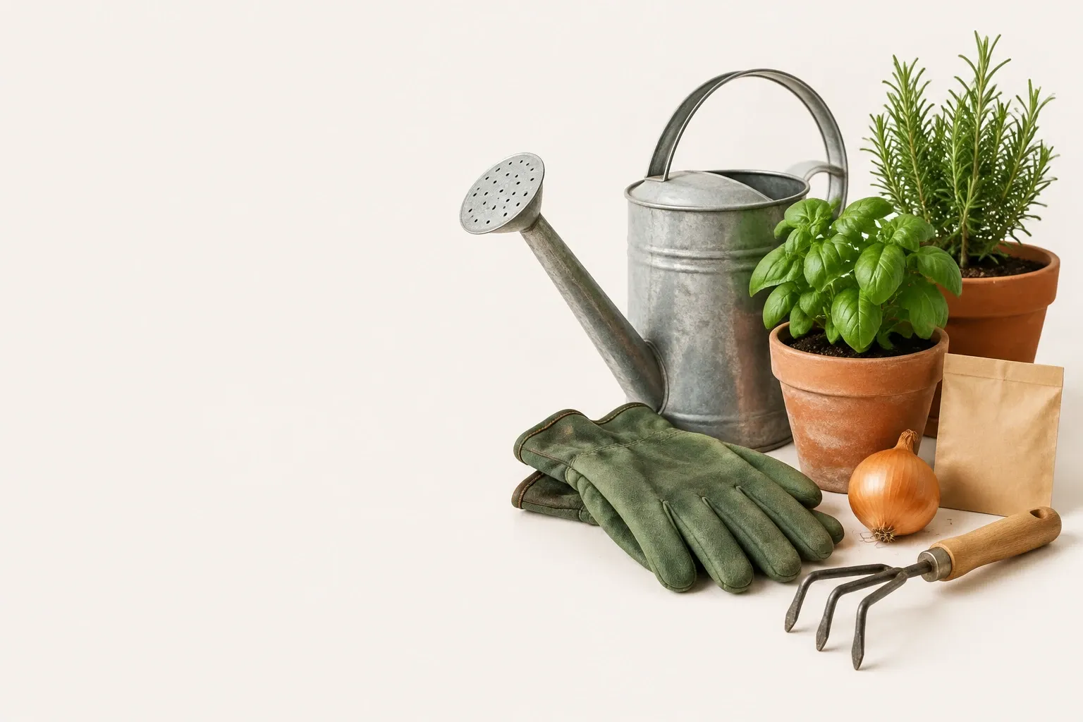 Zinken gieter, groene tuinhandschoenen, potten met basilicum en rozemarijn, een ui en een handhark