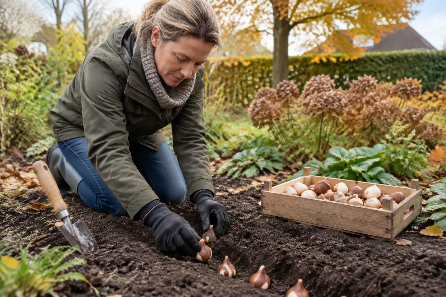 Vrouw knielt in tuin en plant bloembollen in rij naast houten krat met bollen