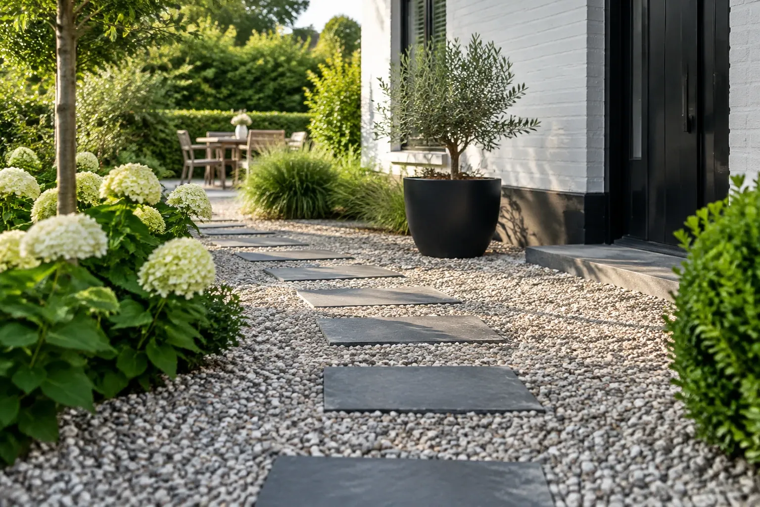 Pads van vierkante leisteenplaten door fijn wit grind naar voortuin met planten en potten