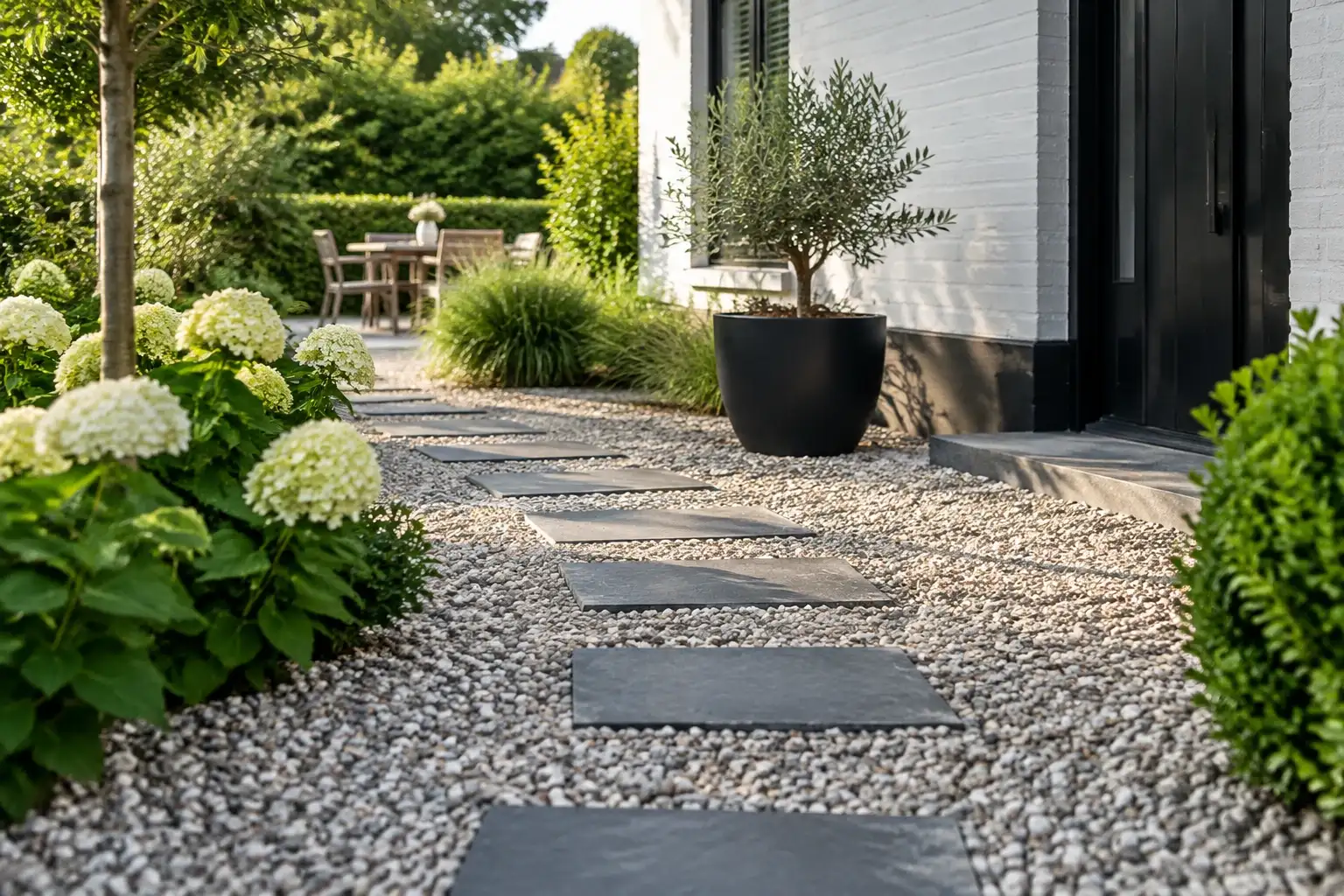 Pads van vierkante leisteenplaten door fijn wit grind naar voortuin met planten en potten