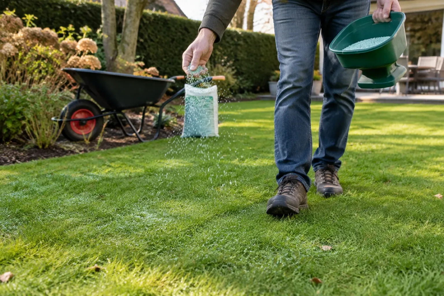 Man strooit korrelig meststof met strooier over groen gazon in zonnige tuin