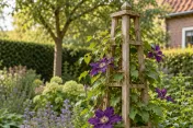 Houten klimrek met paarsbloeiende clematis en groene bladeren in zonlicht