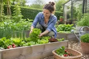 Vrouw plukt kropsla uit verhoogde moestuinbak naast mand met radijsjes en gieter