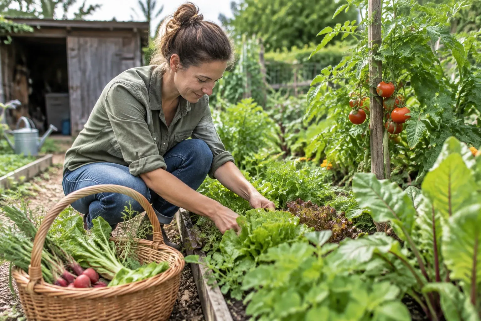 Vrouw bukkend tussen moestuinbedden, oogstend sla naast mand met groenten