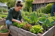 Vrouw plukt bladselderij en sla in verhoogde houten moestuinbak bij zonnig weer
