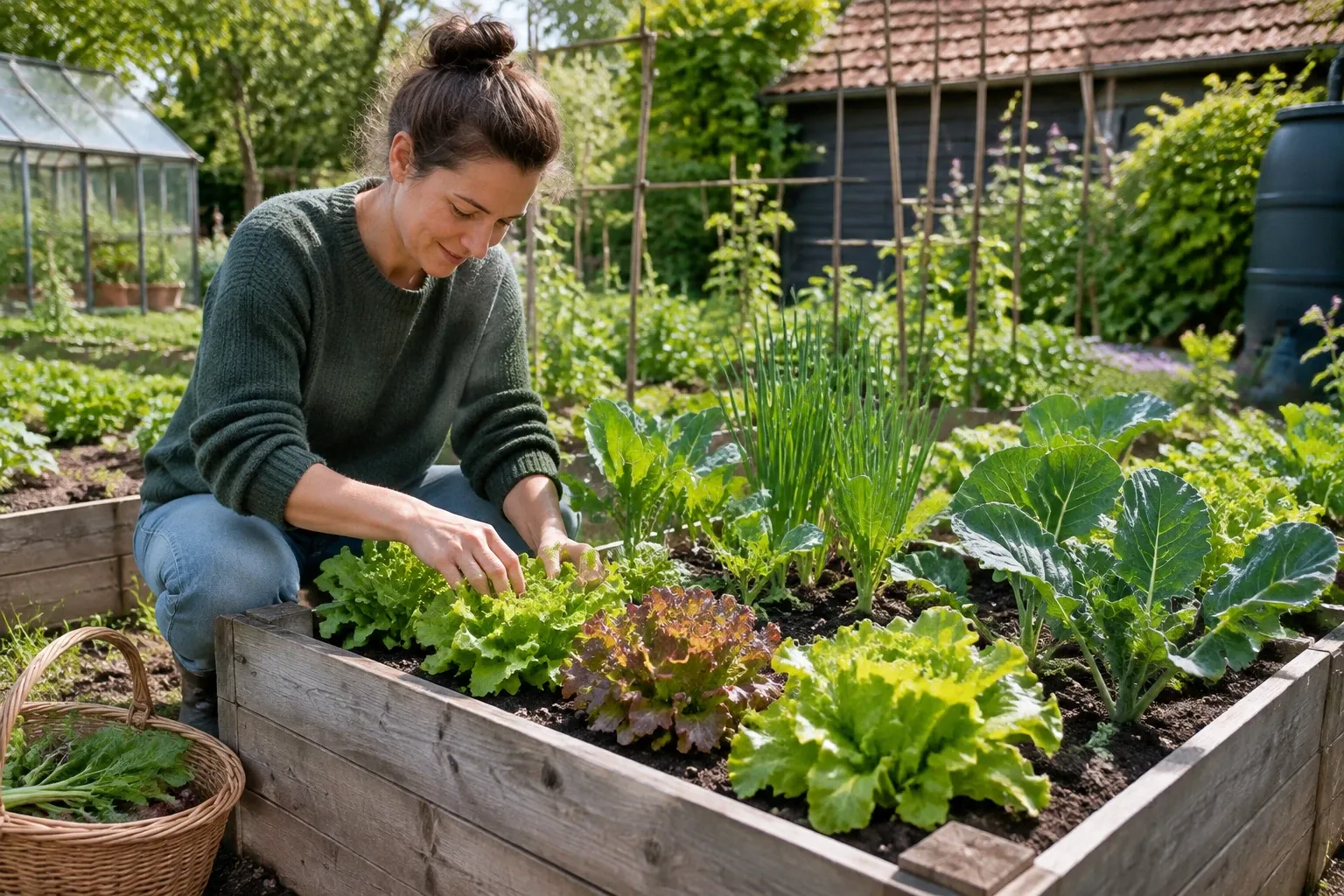 Vrouw plukt bladselderij en sla in verhoogde houten moestuinbak bij zonnig weer