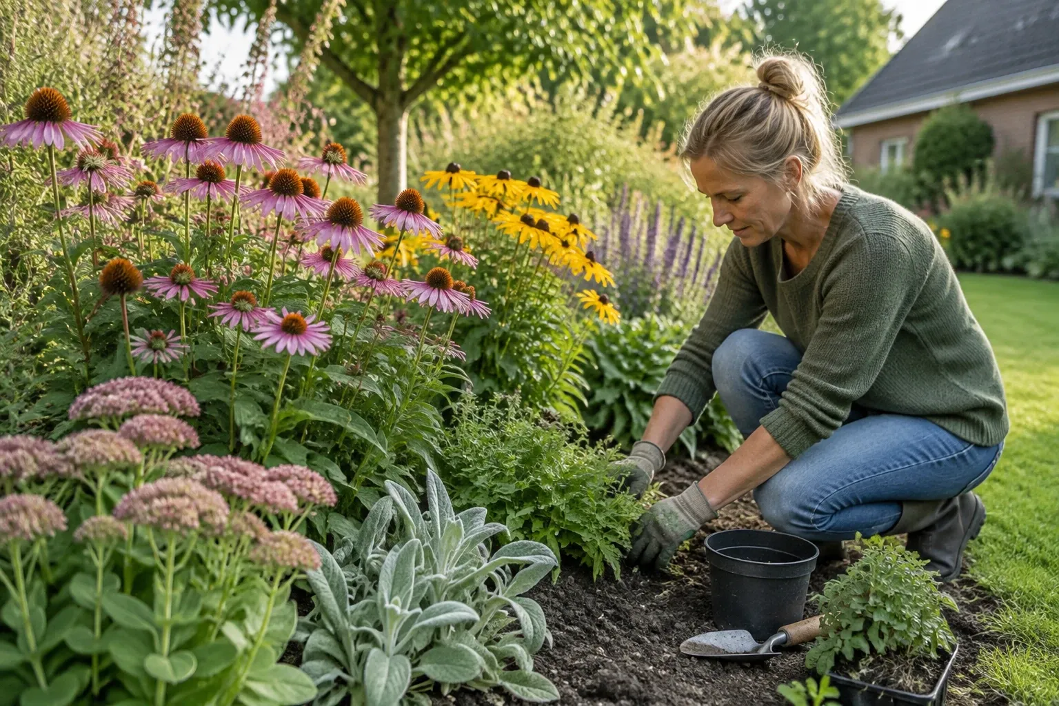 Vrouw knielt in border, plant vaste planten tussen ridderspoor, zonnehoed en salvia