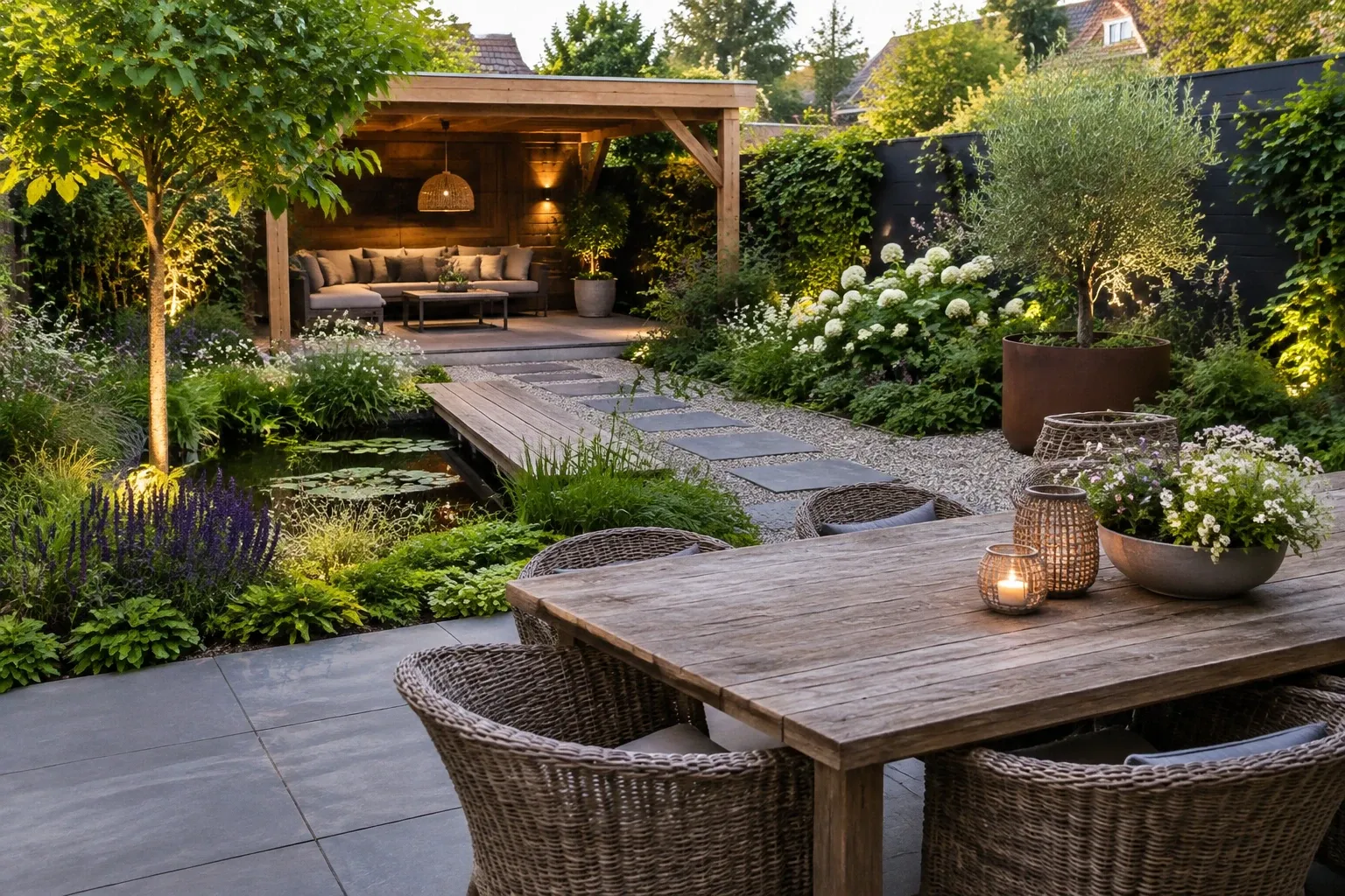 Tuin met houten eettafel, rotan stoelen, vijver, pad en overdekt loungehoekje