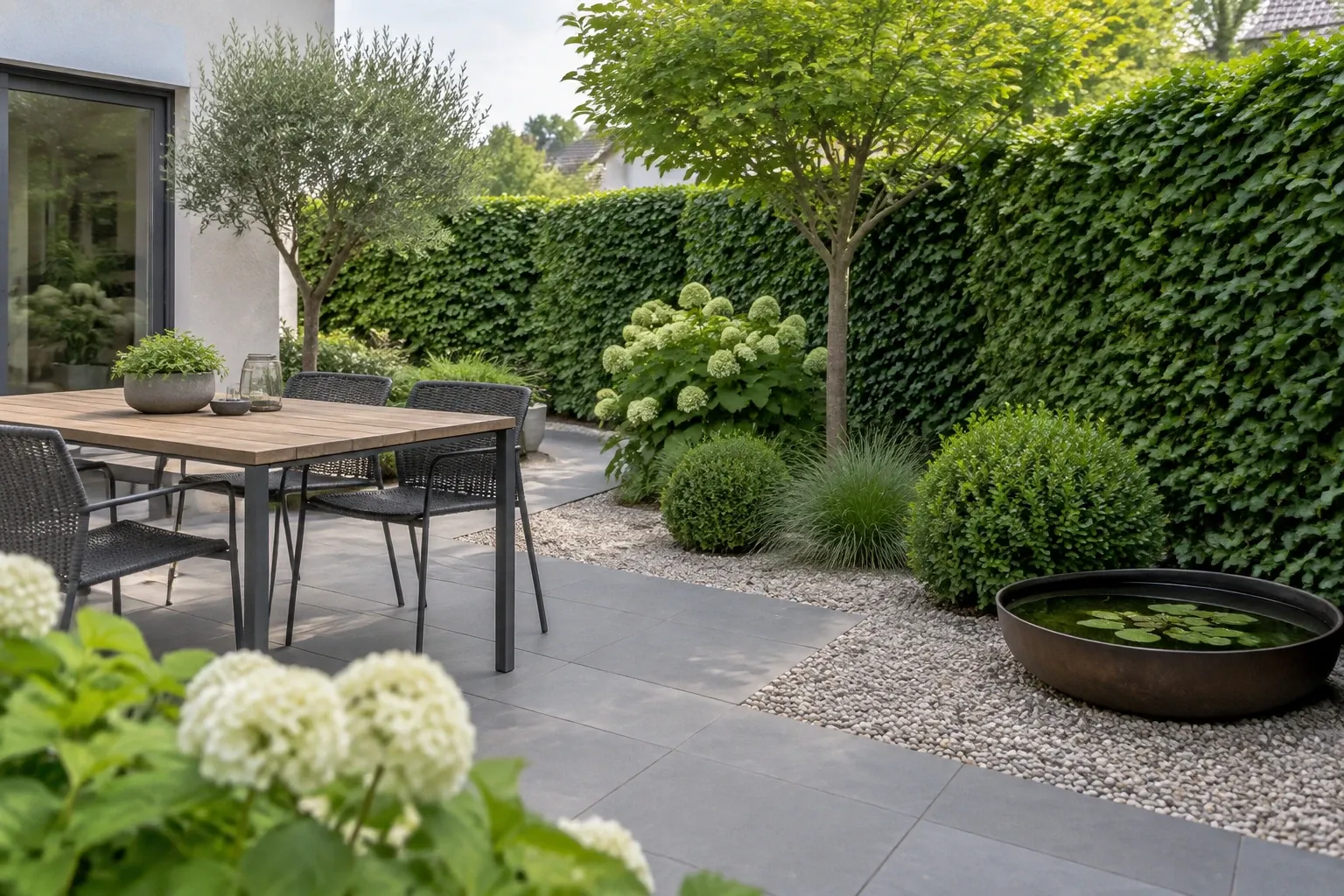 Strakke tuin met leibomen, klimheg als groene afscheiding en zitplek met tafel
