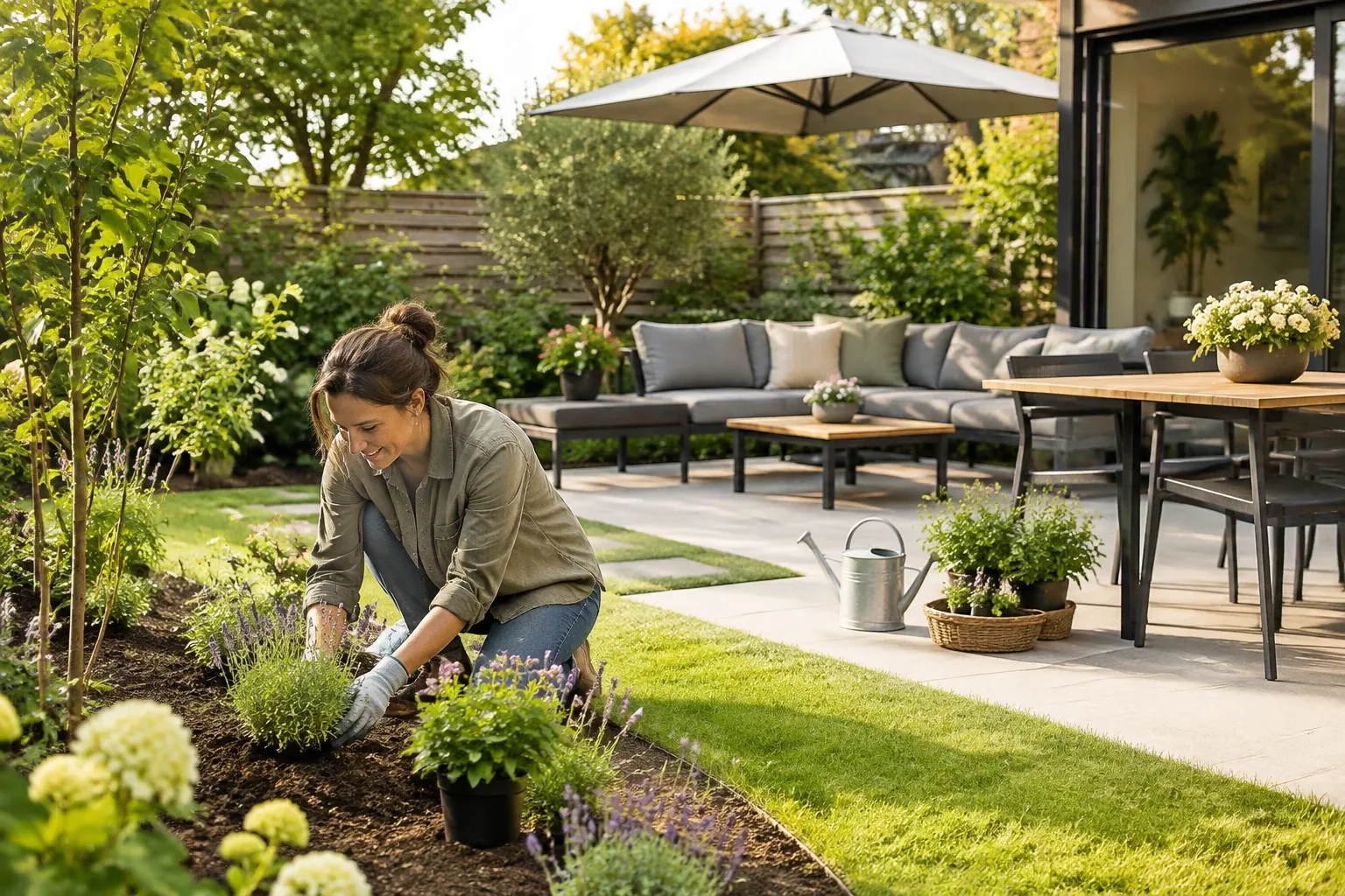 Vrouw plant lavendel in bloembed naast terras met tuinmeubels en parasol