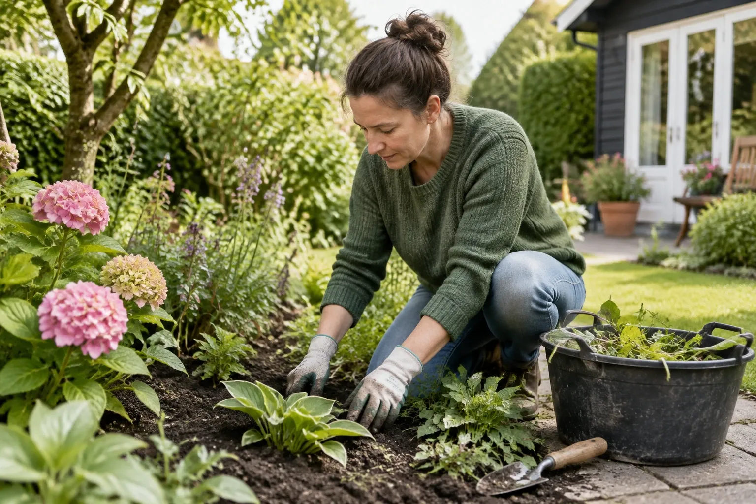 Vrouw knielt in border, trekt onkruid en plant hosta naast hortensia's, tuingereedschap naast haar