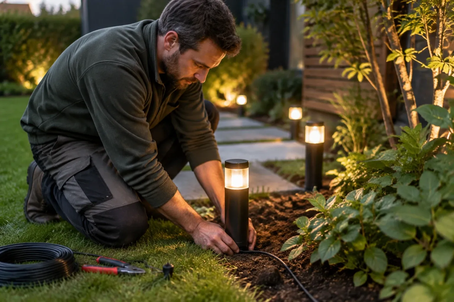 Man installeert lage tuinlamp langs plantenbed, kabels en gereedschap zichtbaar in schemerlicht