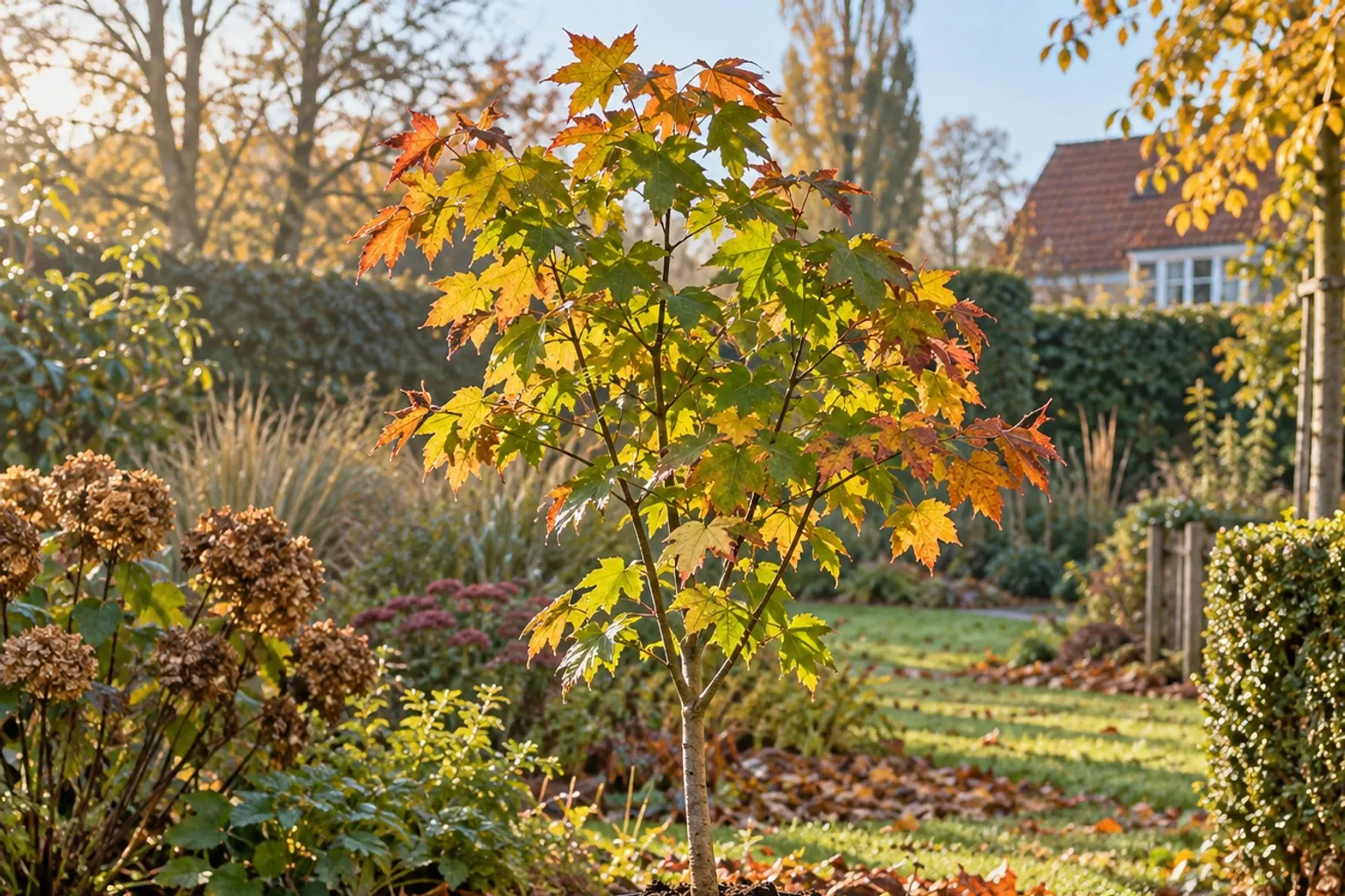 Jonge esdoorn met herfstkleurige bladeren in zonnige tuinlandschap tussen borders