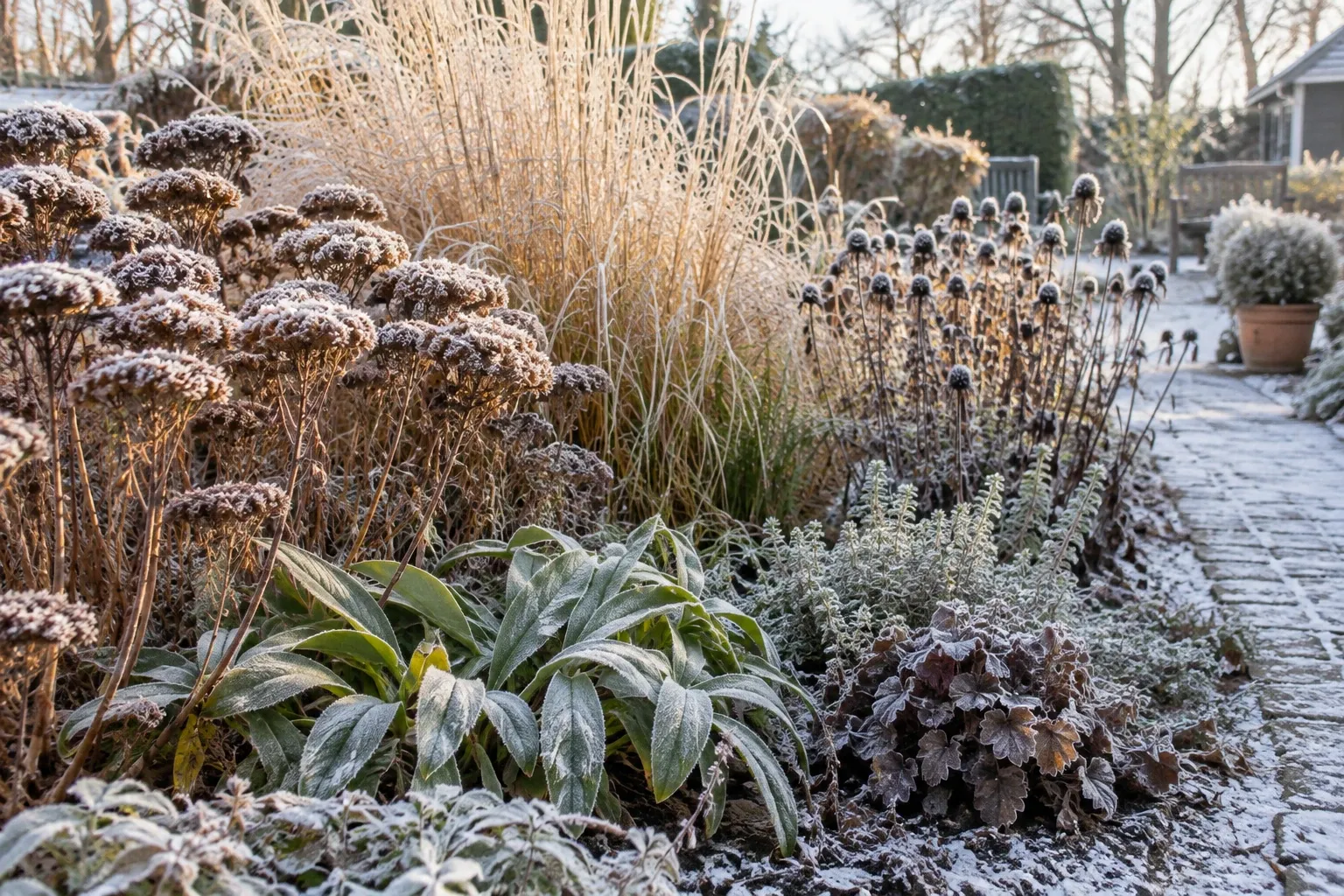 Bevroren vaste planten en siergrassen in zonlicht langs bestrate tuinpad