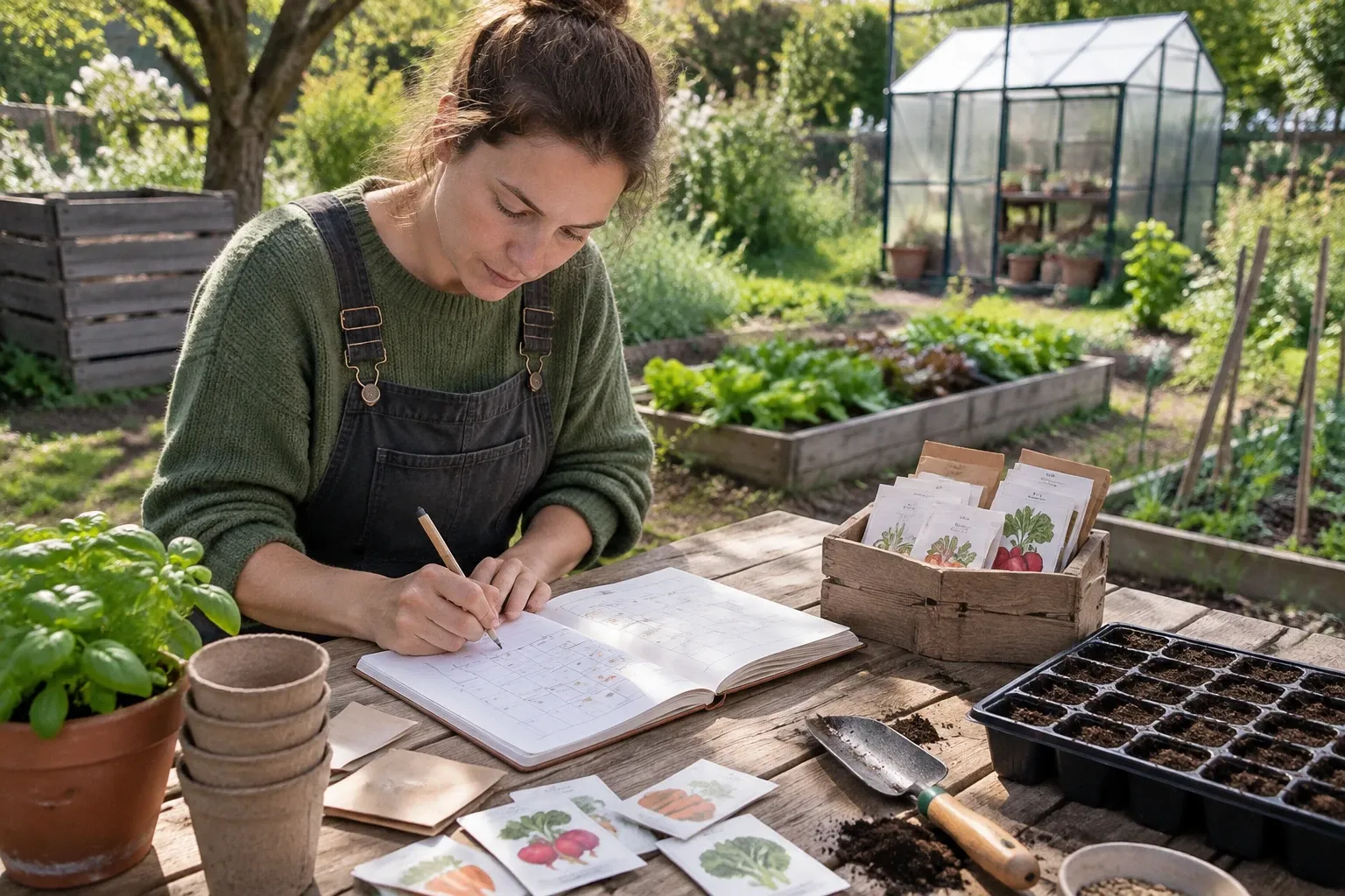 Vrouw in moestuin noteert zaaiplanning met zaadjes, potten en kweekbakken zichtbaar