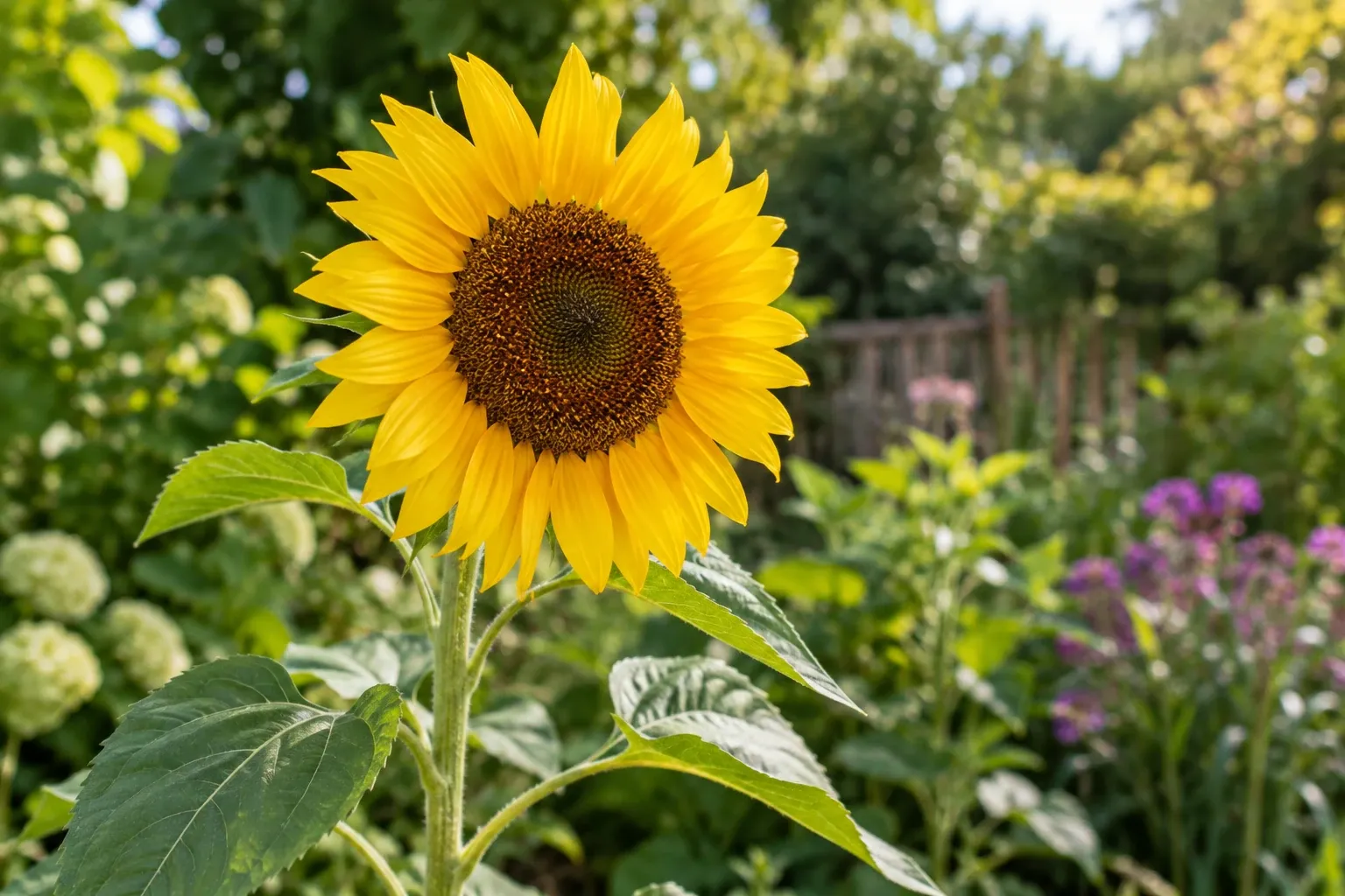 Grote gele zonnebloem met bruine kern in zonovergoten tuin tussen groen en bloemen